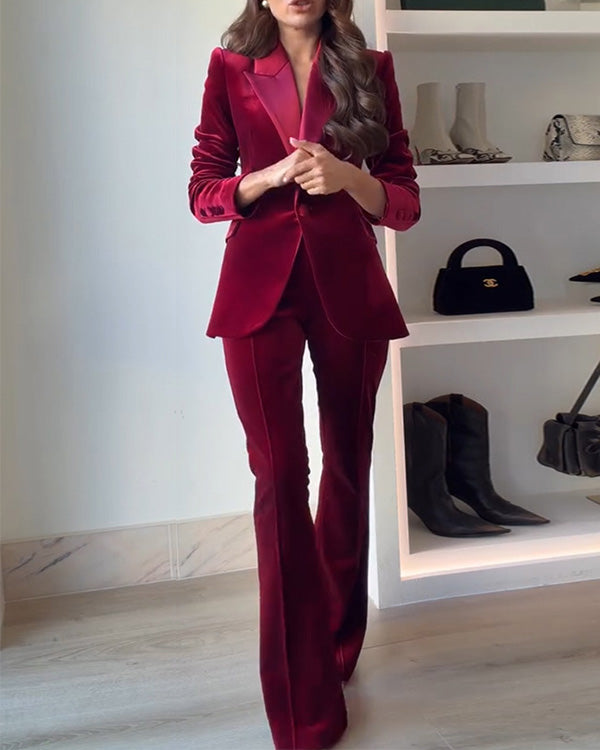 Tailleur Blazer en Velours à Revers et Pantalon Ample