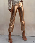 Pantalon Droit en Cuir Synthétique Métallisé
