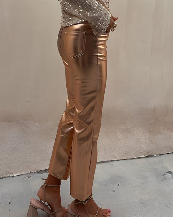 Pantalon Droit en Cuir Synthétique Métallisé