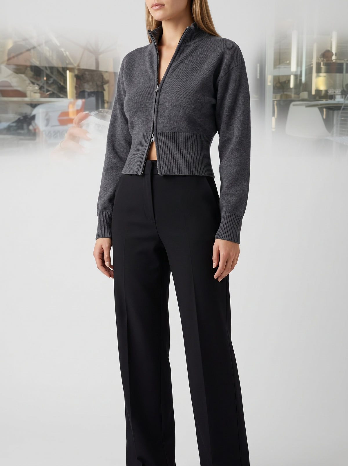 Klea Fitted Long-Sleeve Knit Cardigan — Gray