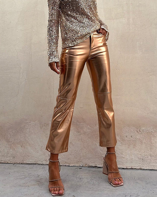 Pantalon Droit en Cuir Synthétique Métallisé
