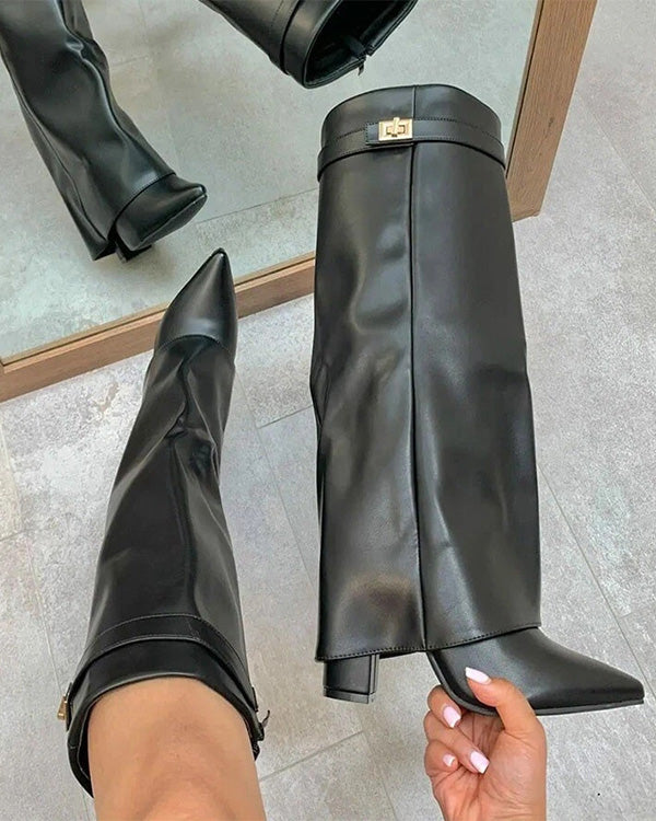 Bottines en Cuir à Revers, Bout Pointu