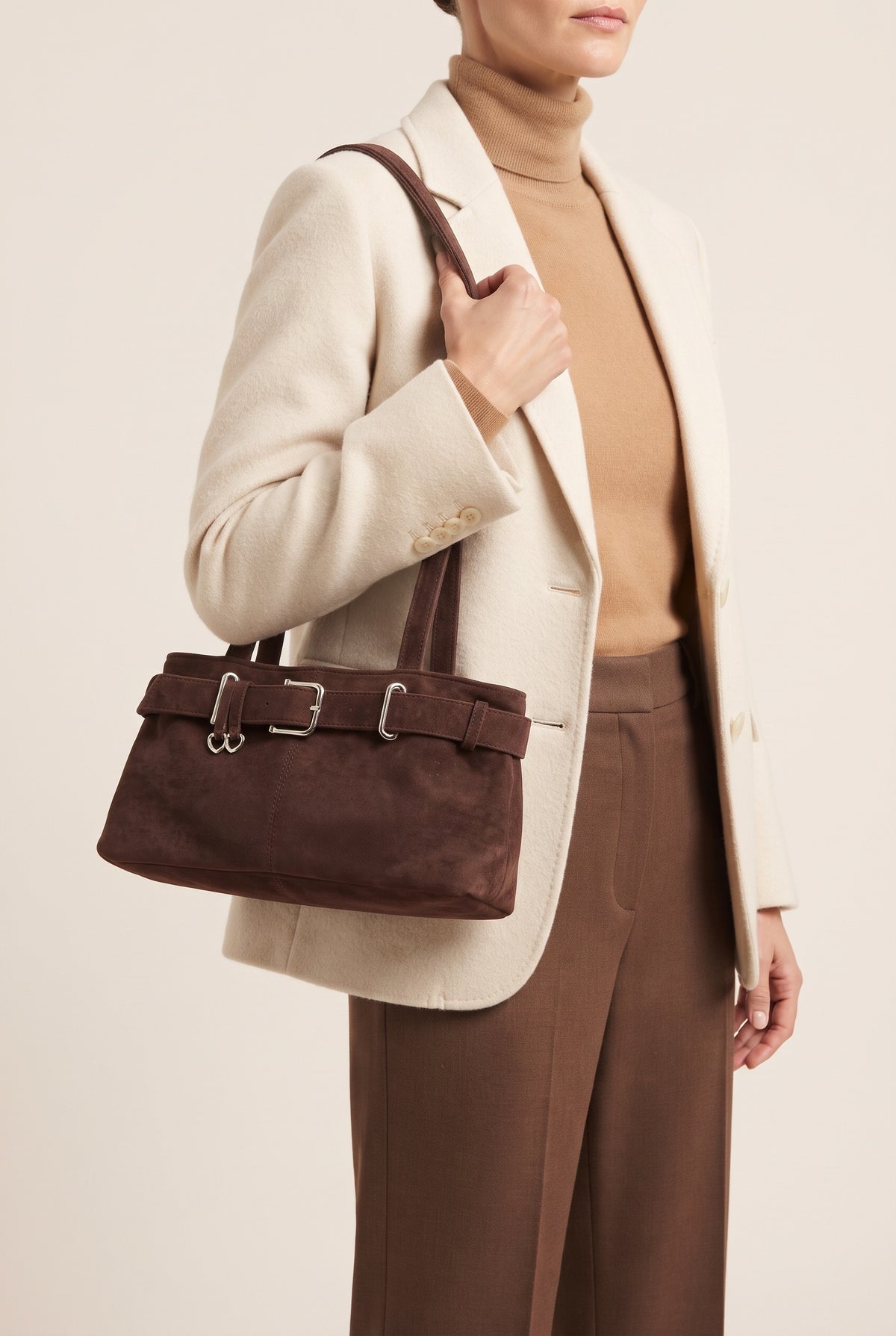 Nora Faux Suede Buckle Shoulder Bag — On-Model View