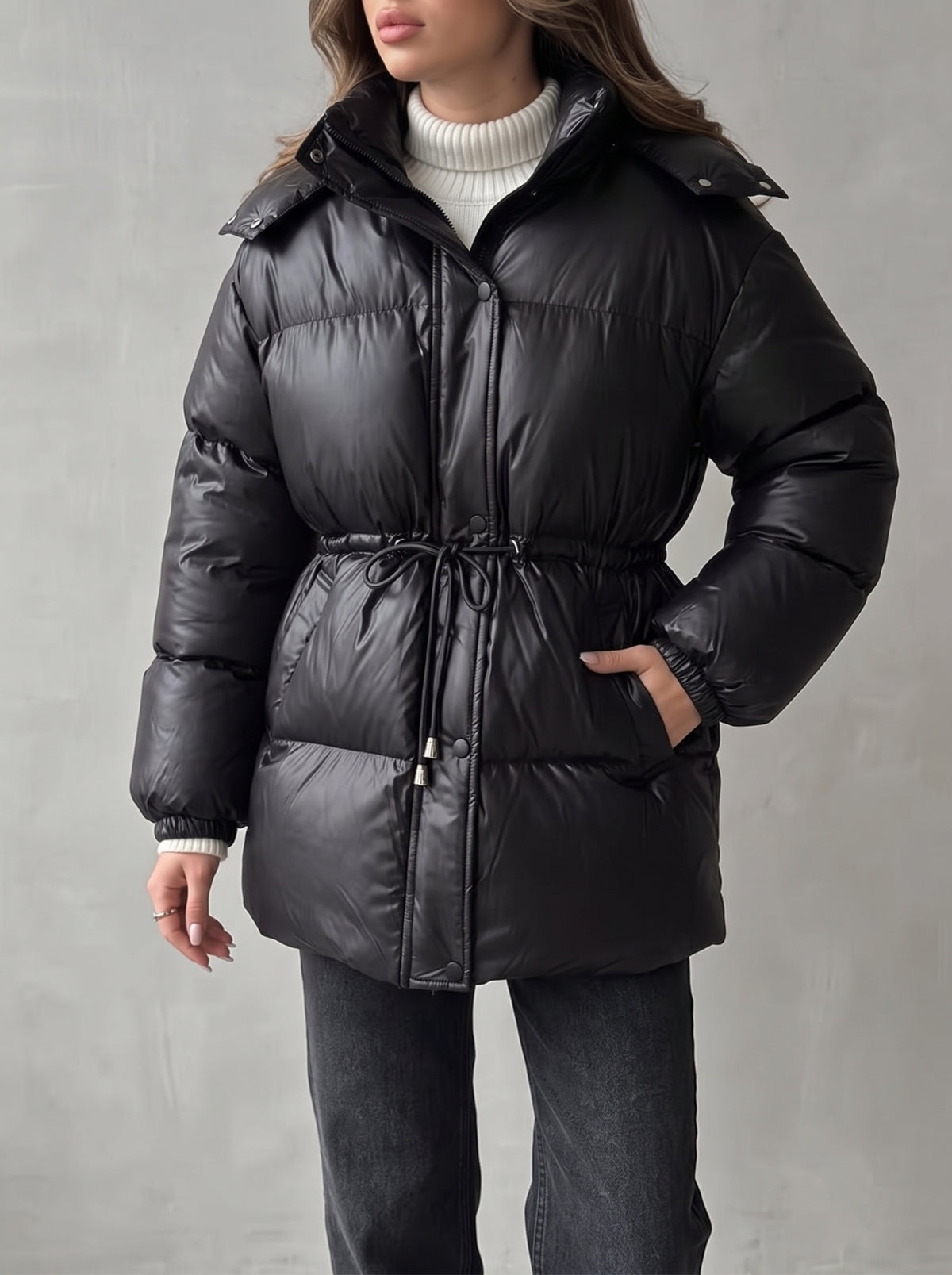 Lorie Long Hooded Drawstring Puffer Coat — Black