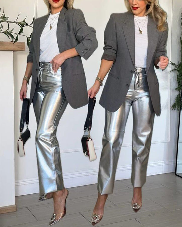 Pantalon Droit en Cuir Synthétique Métallisé