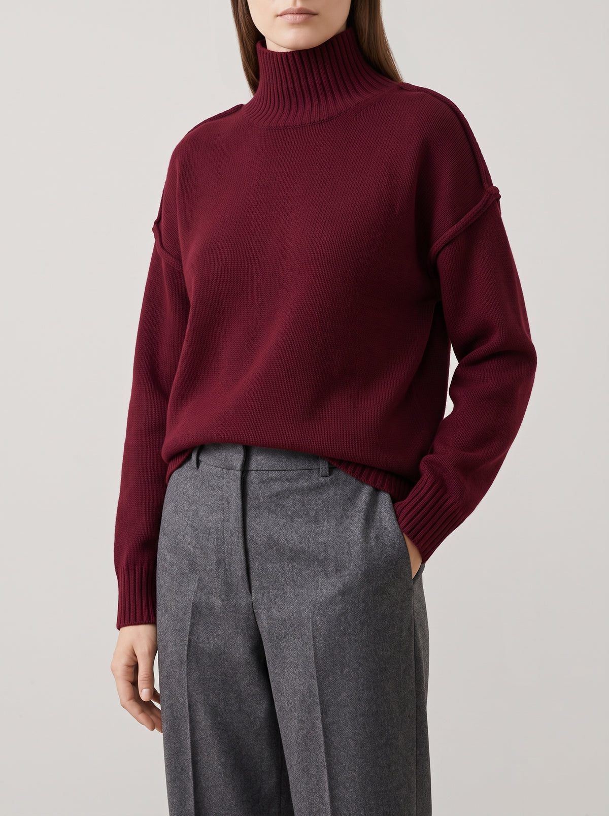 Katie Chunky Knit High-Neck Sweater — Burgundy