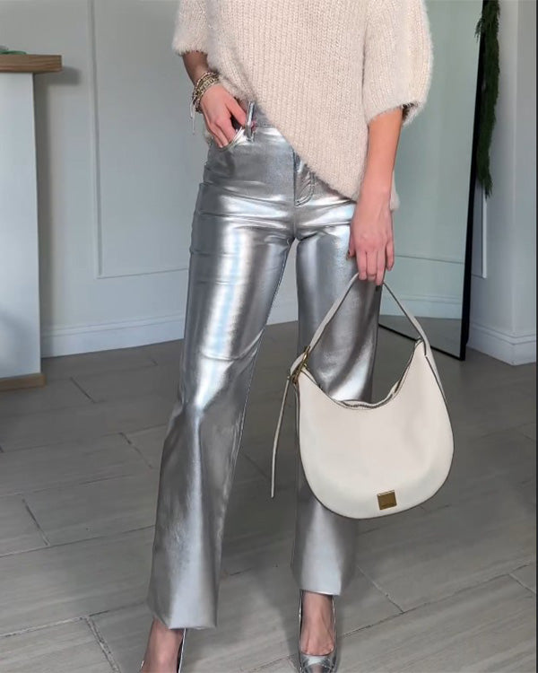 Pantalon Droit en Cuir Synthétique Métallisé