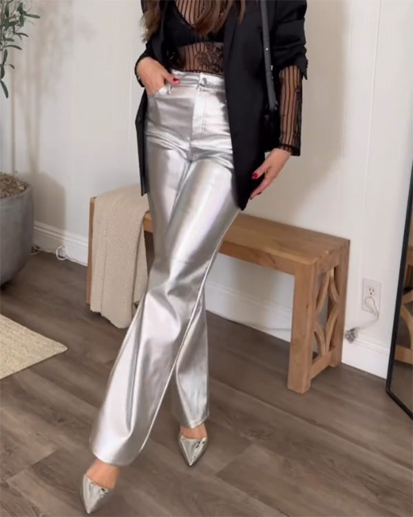 Pantalon Droit en Cuir Synthétique Métallisé