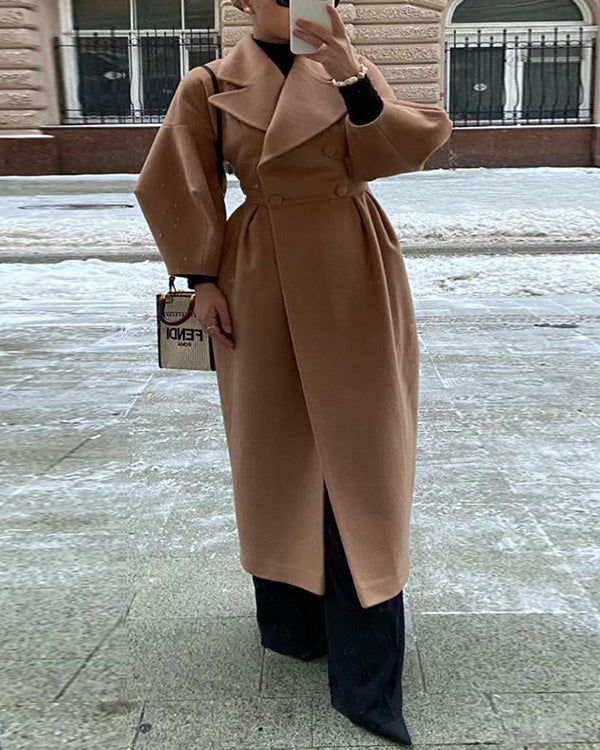Manteau en Laine à Revers, Manches Lanterne Vintage