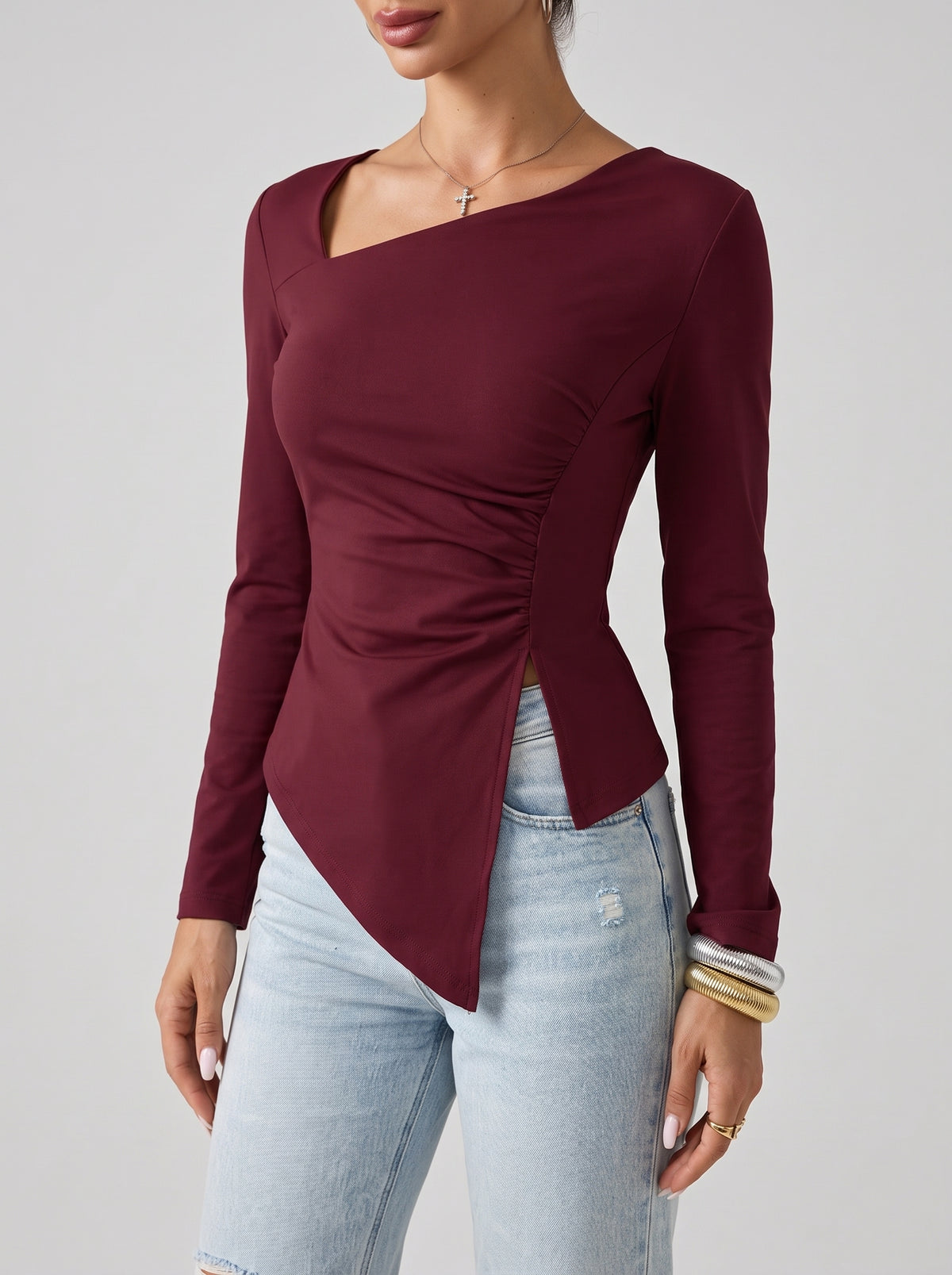 Annie Asymmetric Long Sleeve Top — Burgundy