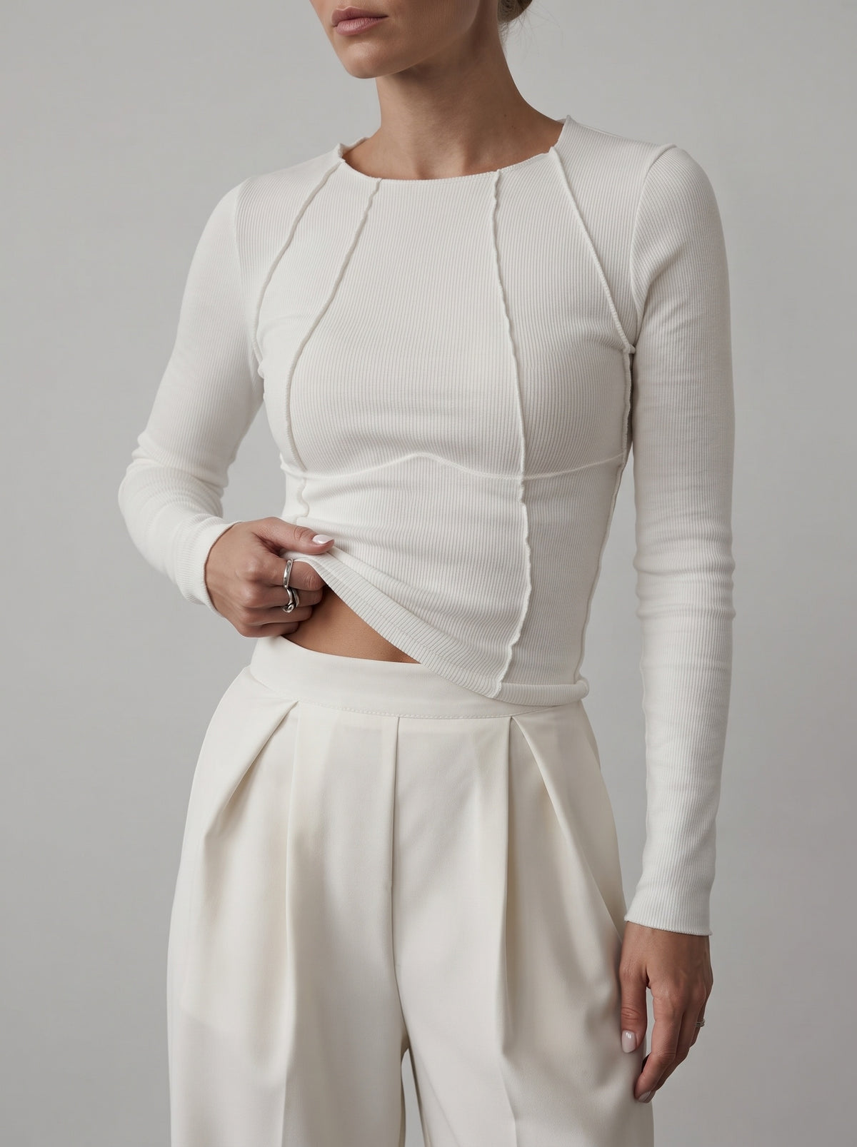 Piper Long-Sleeve Trim-Detail Top - White
