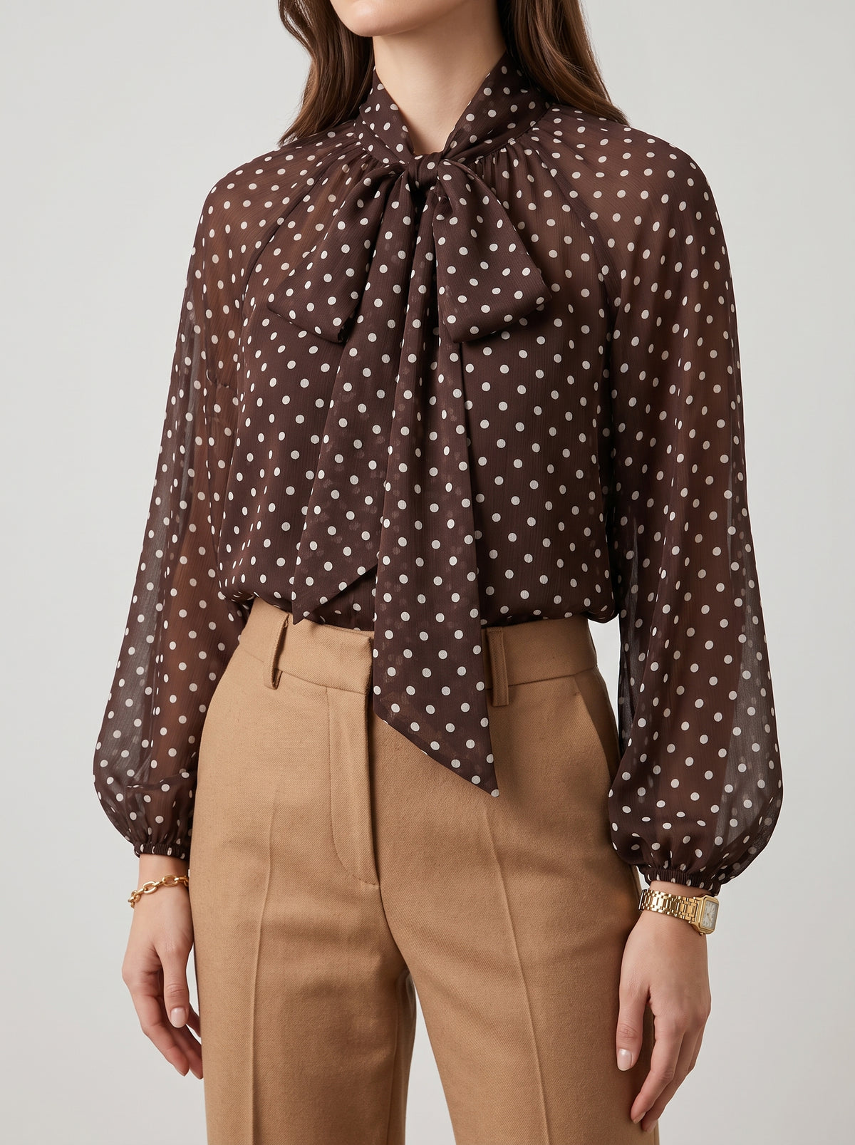 Sofia Polka Dot High-Neck Blouse — Brown