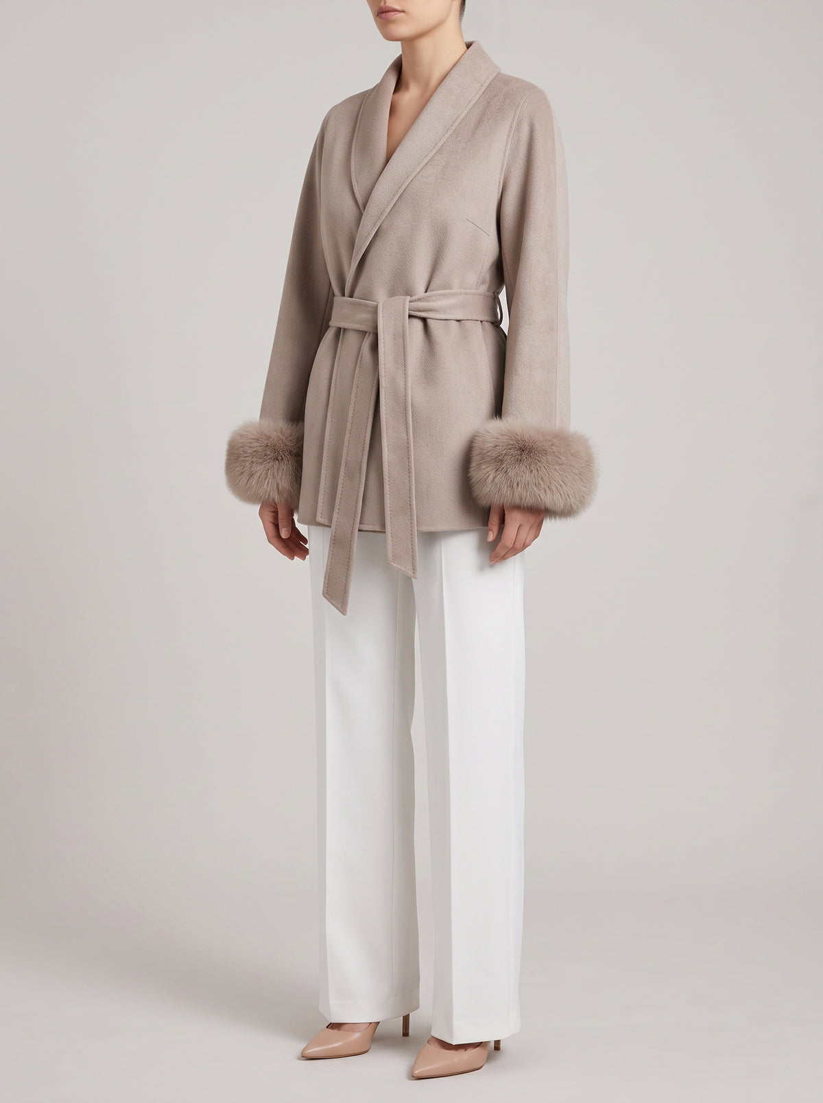 Wool Coat with Fox Fur Cuffs — Taupe Short