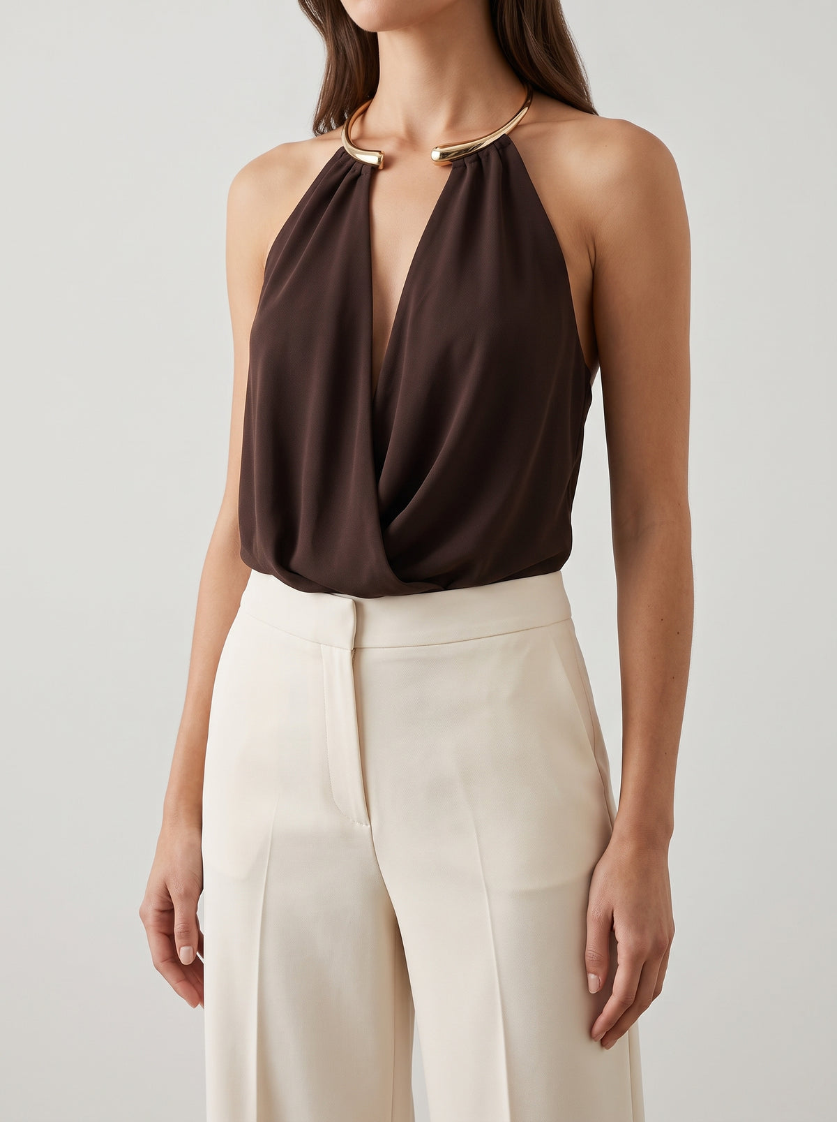 Ophelia Backless Draped Bodysuit - Brown