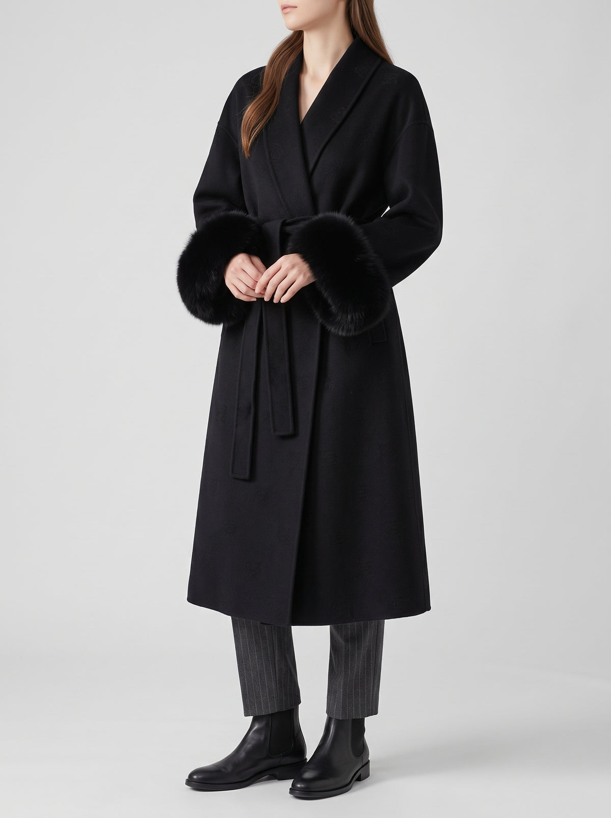 Wool Coat with Fox Fur Cuffs — Black Long