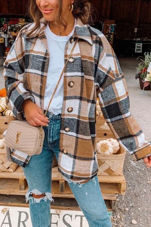 Manteau Chemise Épais à Boutons Métalliques, Carreaux Anglais