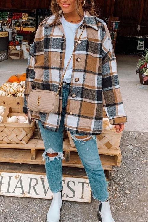 Manteau Chemise Épais à Boutons Métalliques, Carreaux Anglais