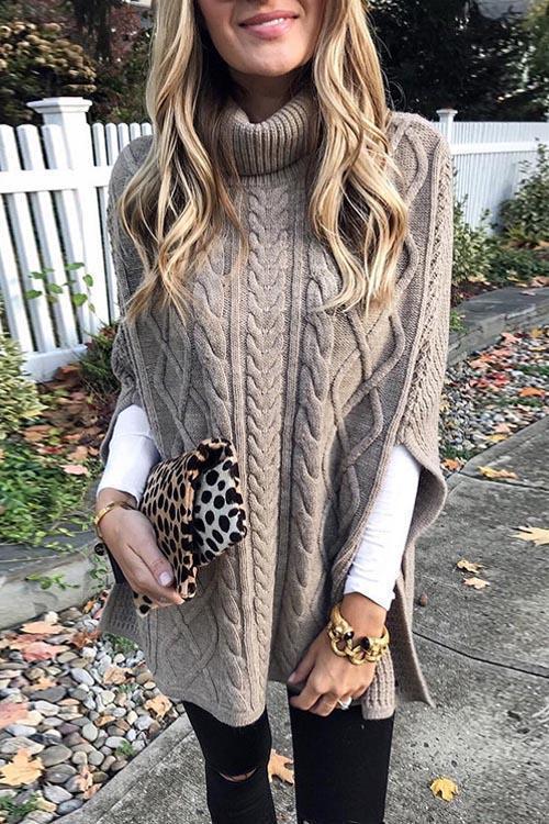 Pull Poncho Cape Col Roulé, Détail Torsadé
