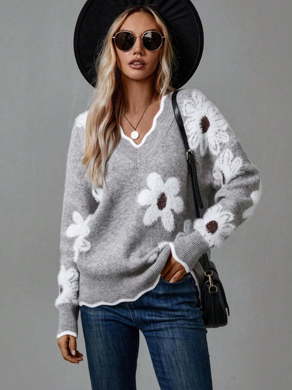 THÉA — Pull Floral à Col en V