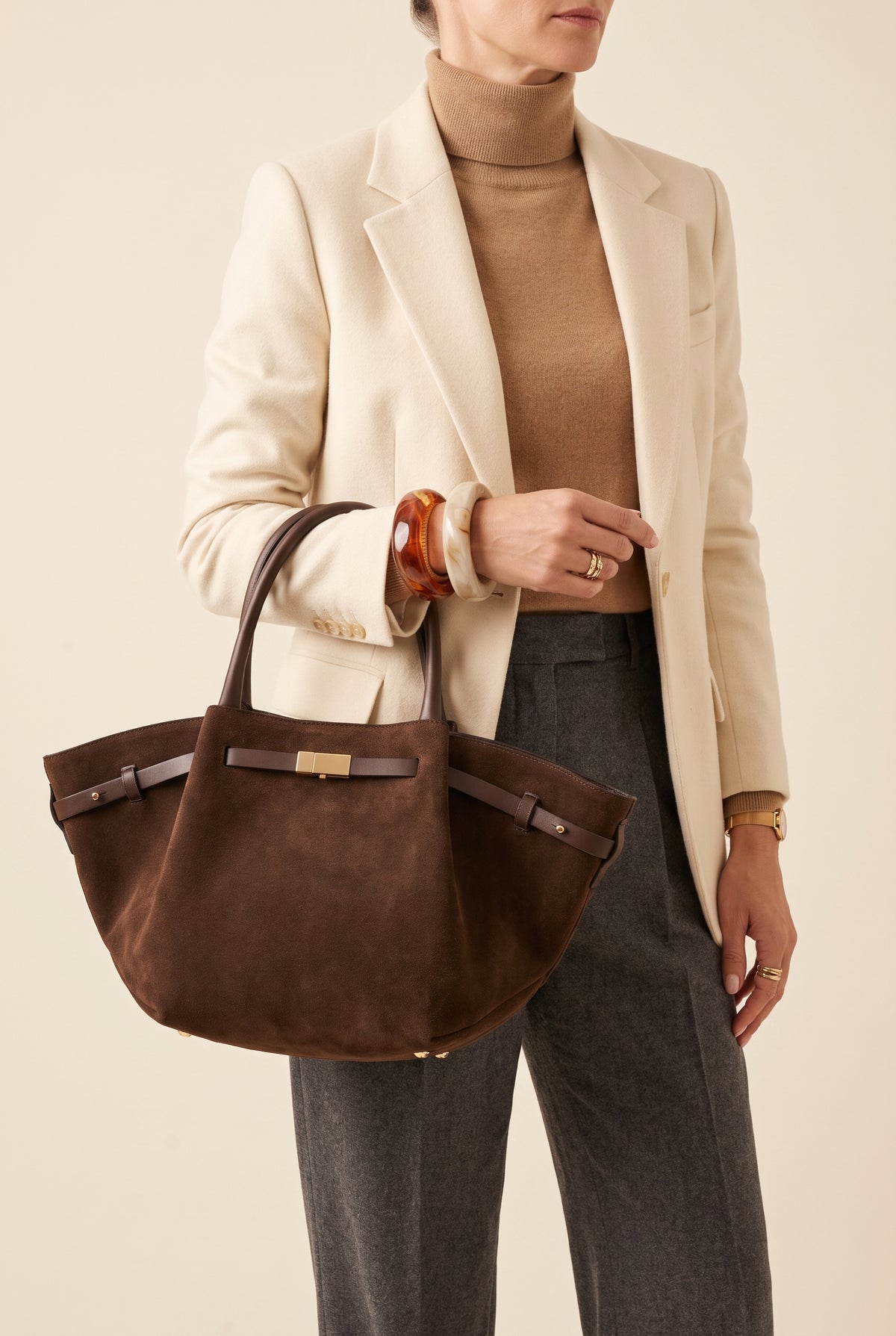 Melanie Faux Suede Tote with Gold-Tone Clasp — On-Model View