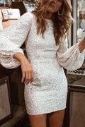 Robe de Soirée Ajustée, Sequins et Manches Bouffantes