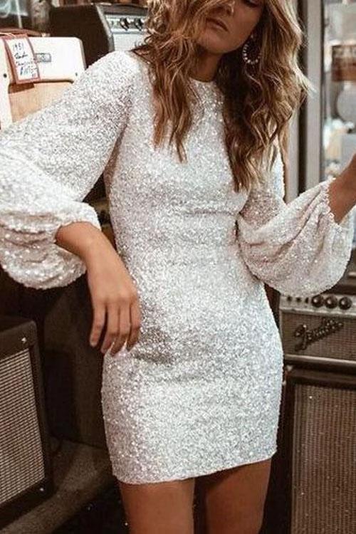 Robe de Soirée Ajustée, Sequins et Manches Bouffantes