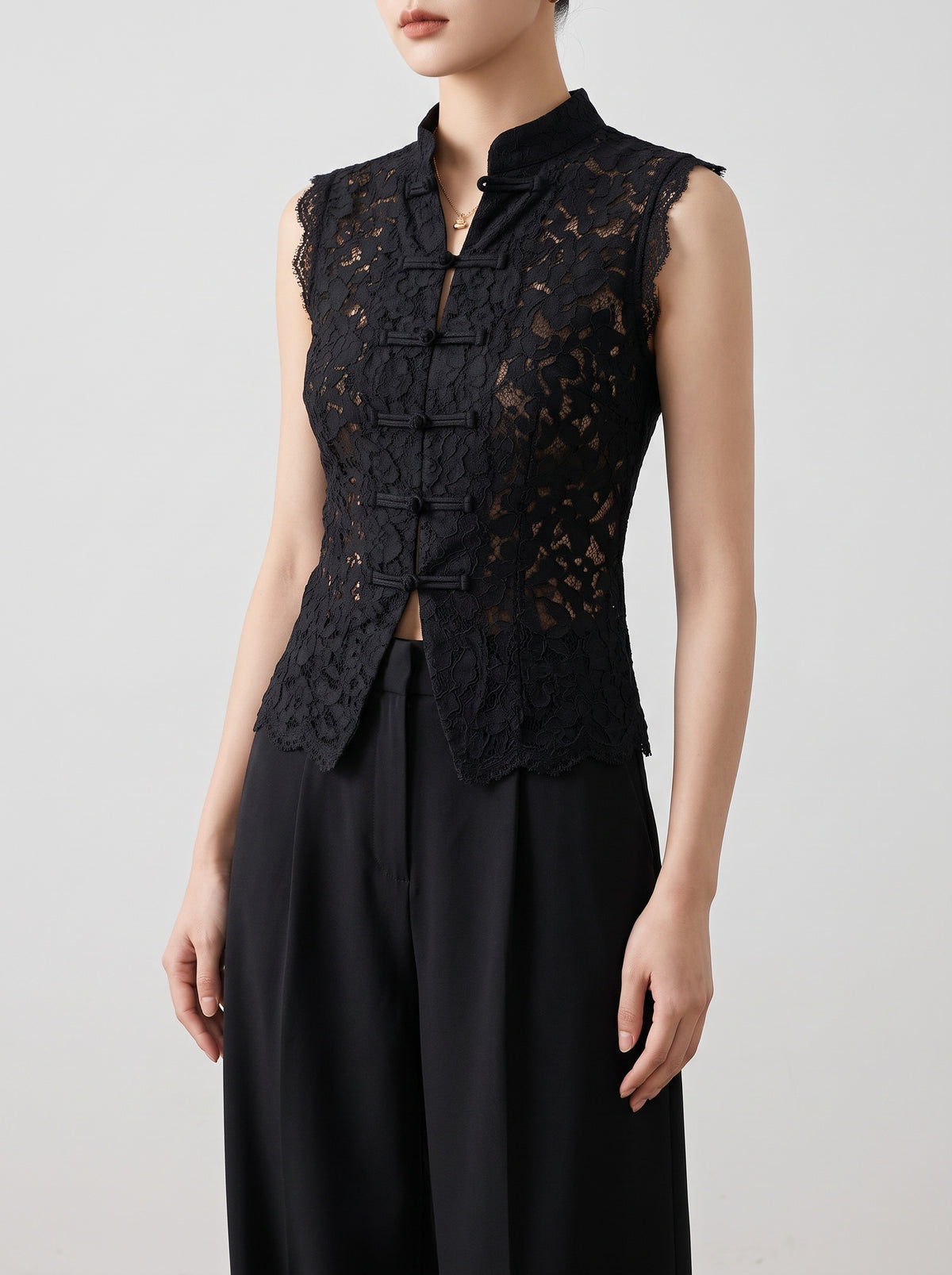 Beatrix Sheer Lace Mandarin Collar Blouse — Black