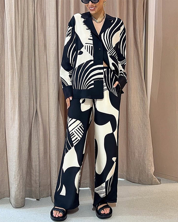 Ensemble Chemise et Pantalon Imprimé Noir et Blanc, 2 Pièces