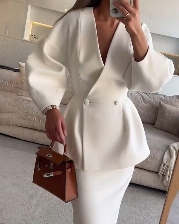 Tailleur Blazer Col en V Manches Bouffantes et Jupe, 2 Pièces