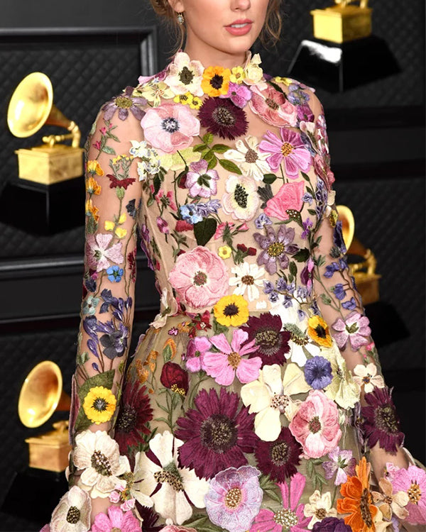 Robe Courte Doublée, Fleur 3D, Manches Longues