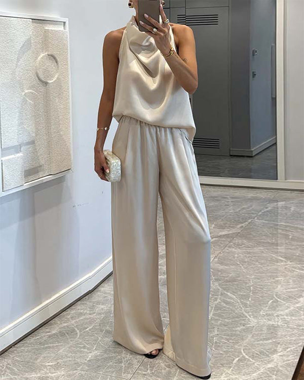 Ensemble Top Satiné Col Halter et Pantalon