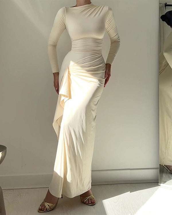Robe Longue Drapée, Col Rond