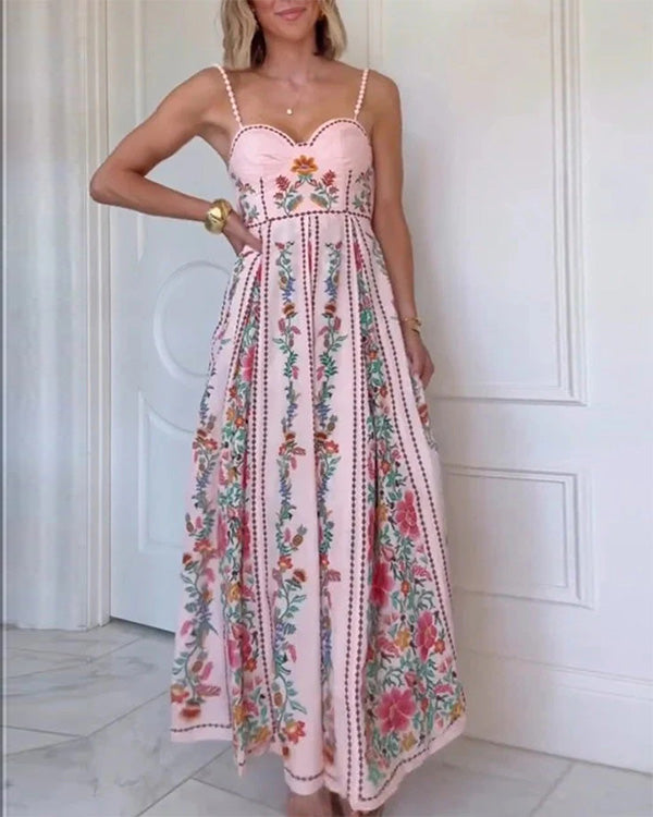 Robe Longue Bohème Imprimée, Bretelle Fine