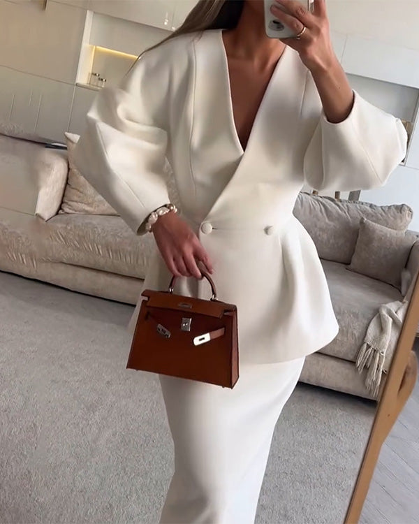 Tailleur Blazer Col en V Manches Bouffantes et Jupe, 2 Pièces
