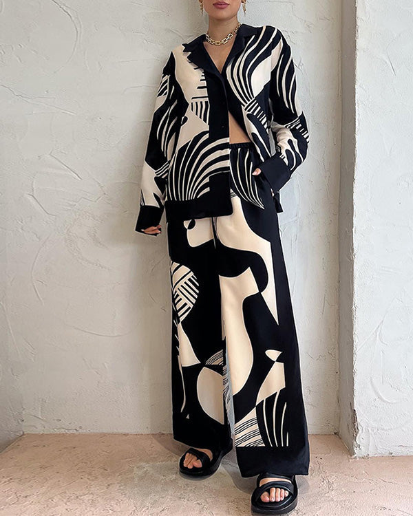 Ensemble Chemise et Pantalon Imprimé Noir et Blanc, 2 Pièces