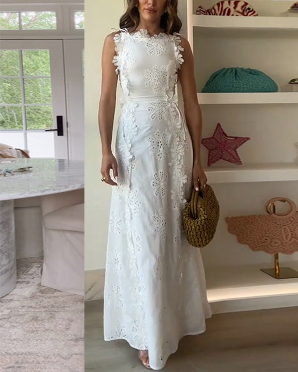Robe Longue à Bretelles, Dentelle Brodée