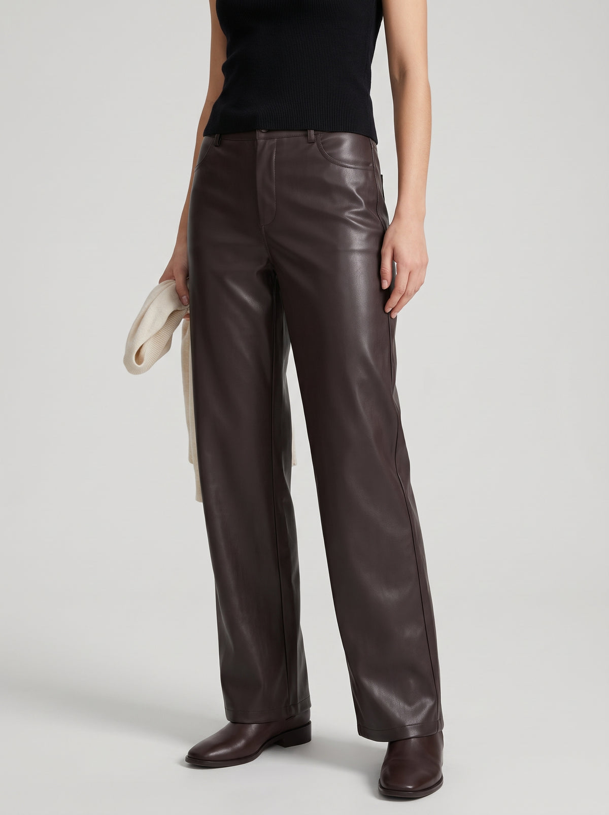 Giselle Fleece-Lined Faux Leather Wide-Leg Pants — Coffee