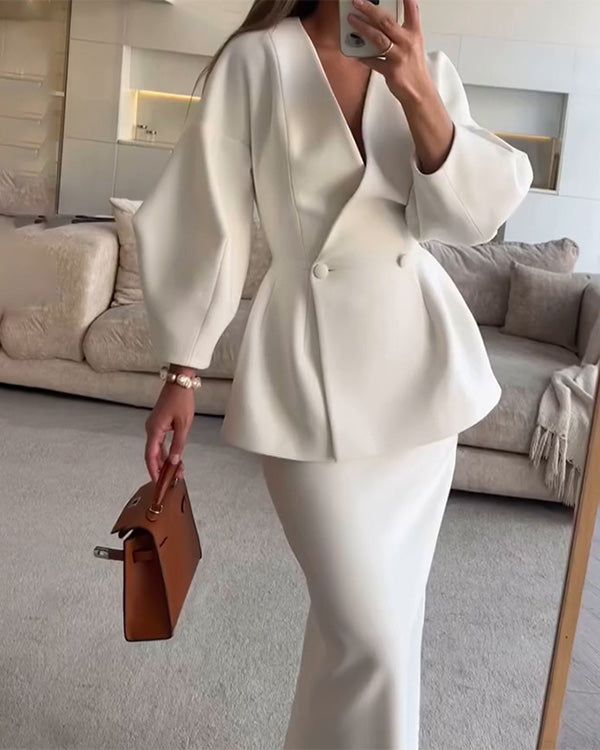 Tailleur Blazer Col en V Manches Bouffantes et Jupe, 2 Pièces