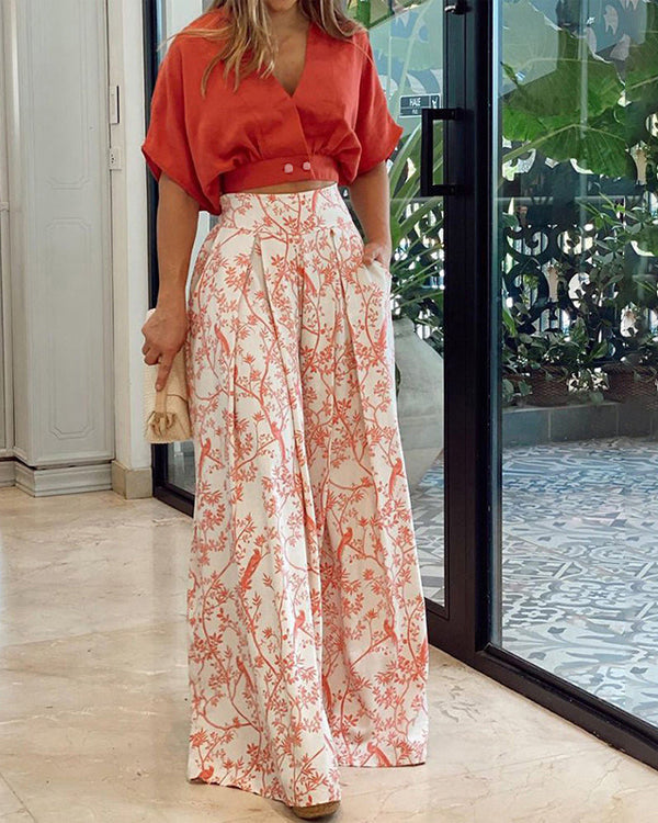 Ensemble Crop Top Chemisier et Pantalon Large Imprimé, 2 Pièces