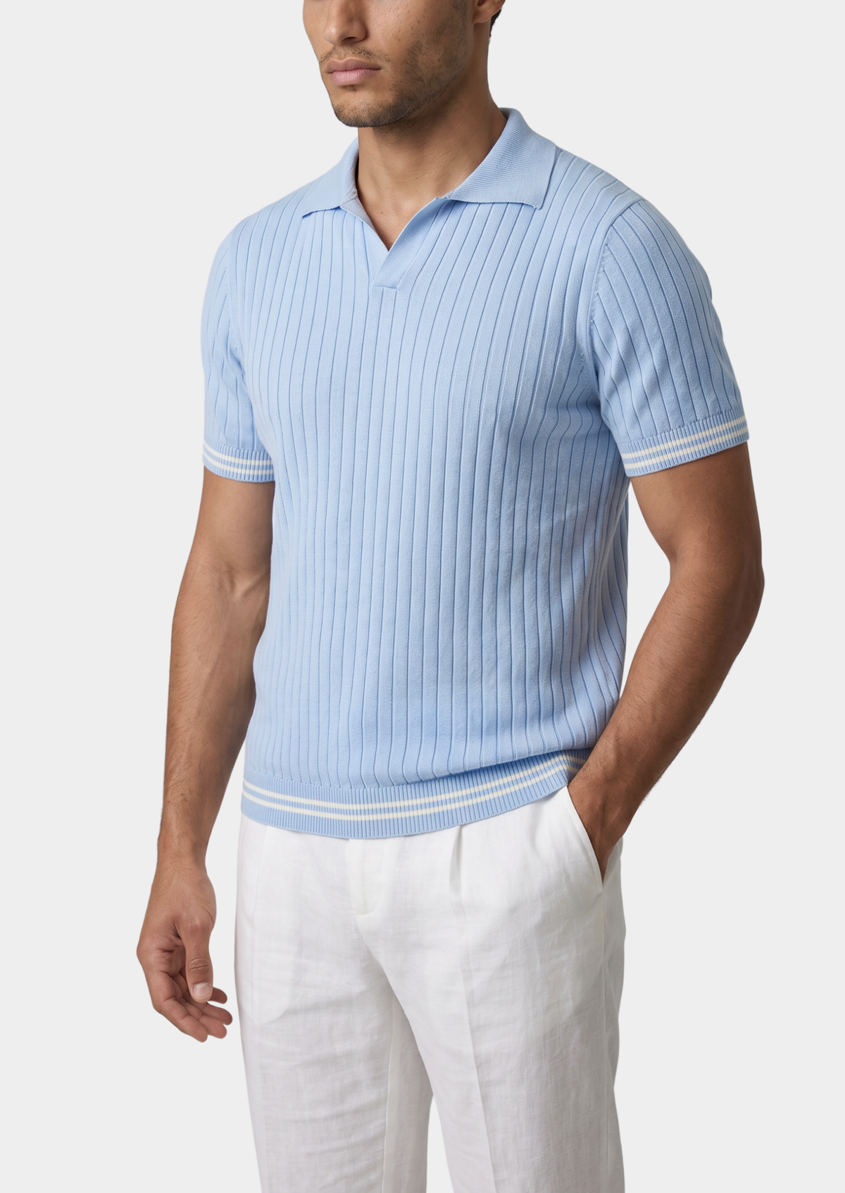 Polo côtelé sans boutons Pierre bleu clair