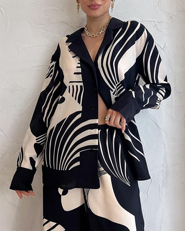 Ensemble Chemise et Pantalon Imprimé Noir et Blanc, 2 Pièces