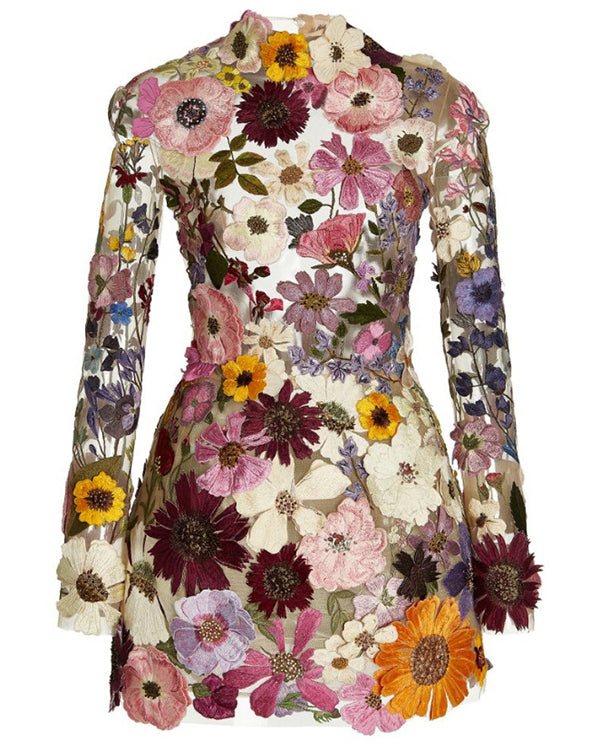 Robe Courte Doublée, Fleur 3D, Manches Longues
