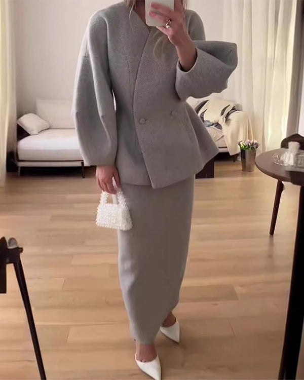 Tailleur Blazer Col en V Manches Bouffantes et Jupe, 2 Pièces