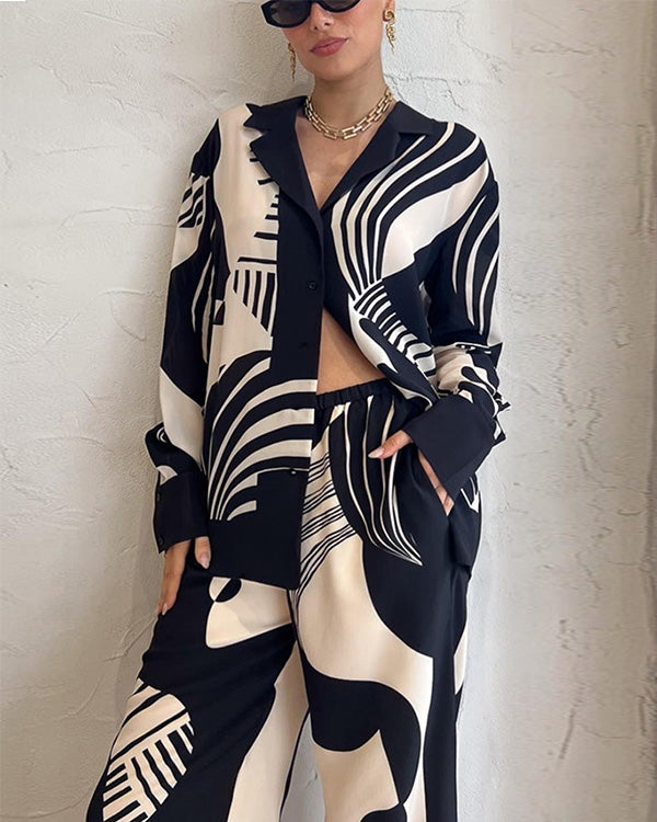 Ensemble Chemise et Pantalon Imprimé Noir et Blanc, 2 Pièces