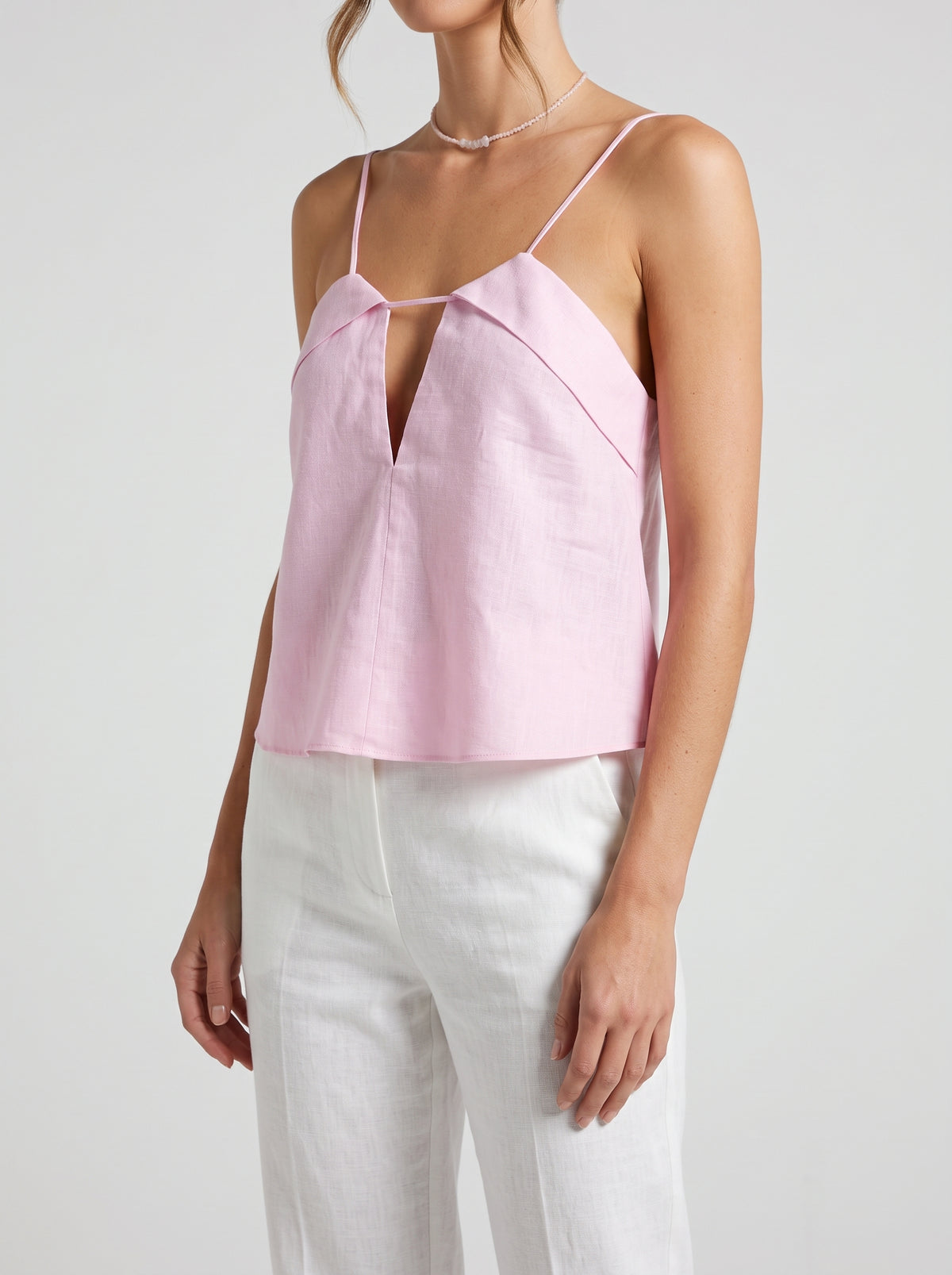Relaxed Linen-Viscose Cutout Crop Cami — Pink