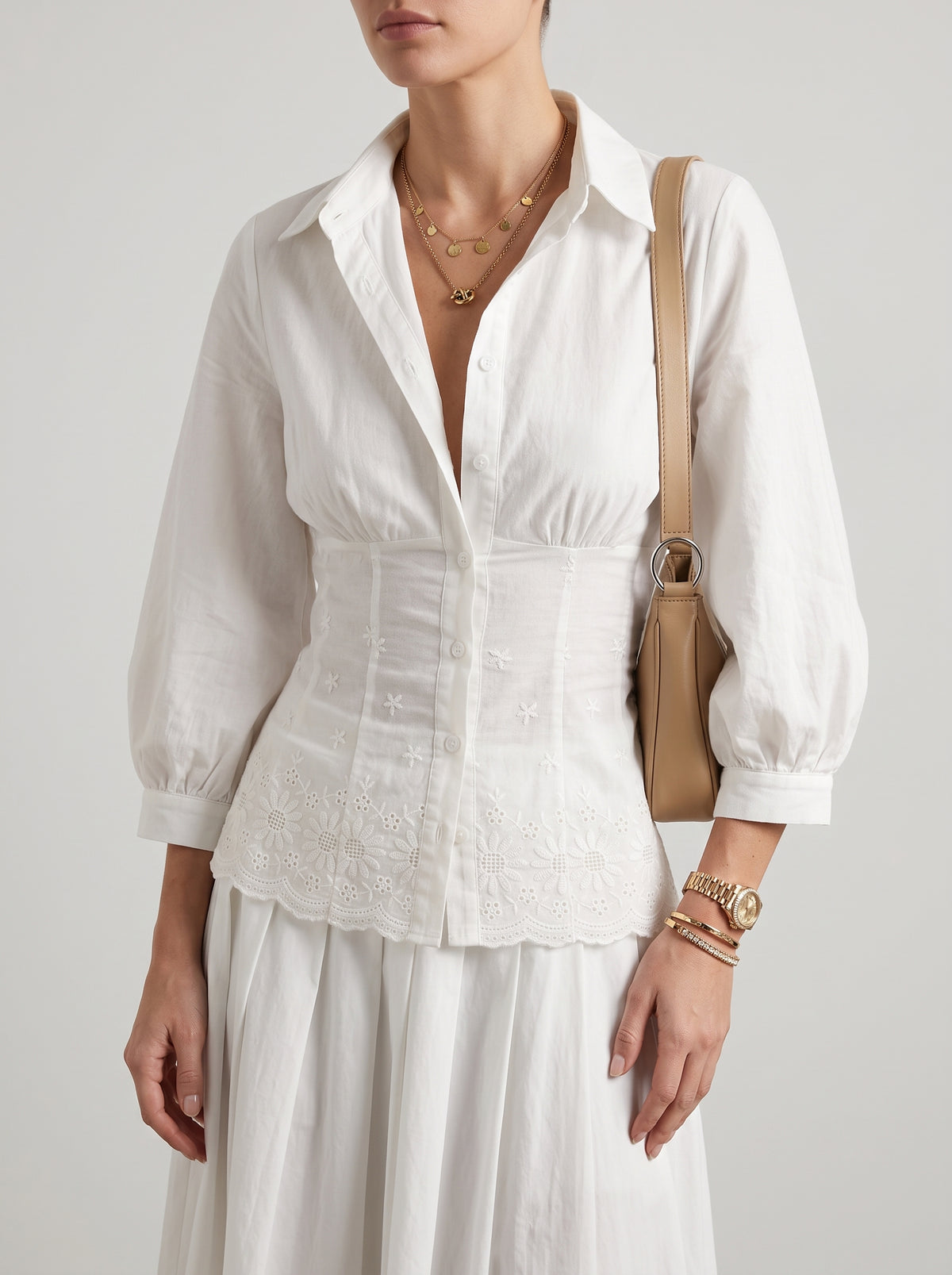 Jillian Ruched Waist Long Sleeve Top — White