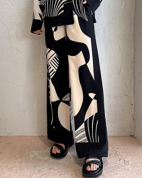 Ensemble Chemise et Pantalon Imprimé Noir et Blanc, 2 Pièces