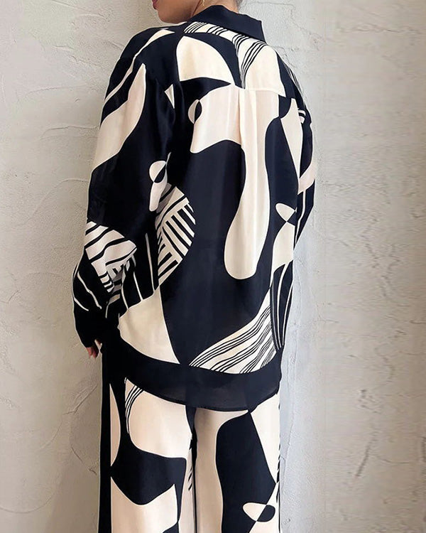 Ensemble Chemise et Pantalon Imprimé Noir et Blanc, 2 Pièces