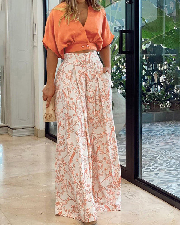 Ensemble Crop Top Chemisier et Pantalon Large Imprimé, 2 Pièces
