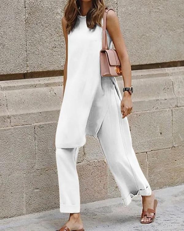 Ensemble Top Ample en Coton et Lin et Pantalon Large